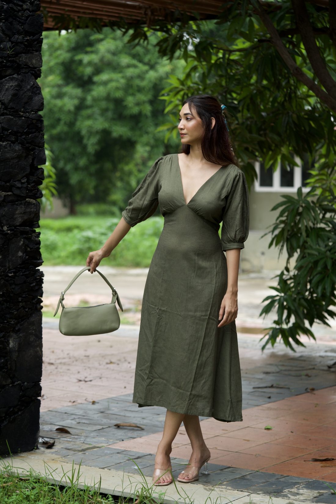 Green Deep V Midi Dress - Image 2